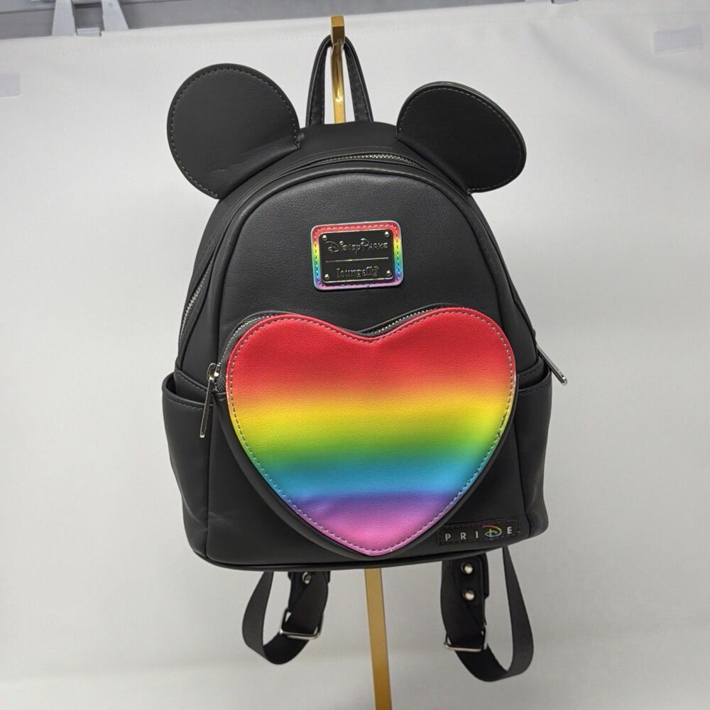 Disney Parks Loungefly Mickey Ears Pride Rainbow Heart Mini Backpack Black READ